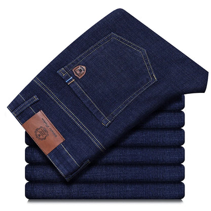 Men's Classic Stretch Jeans - Business Casual Straight Leg Denim Work Trousers in Blue & Black