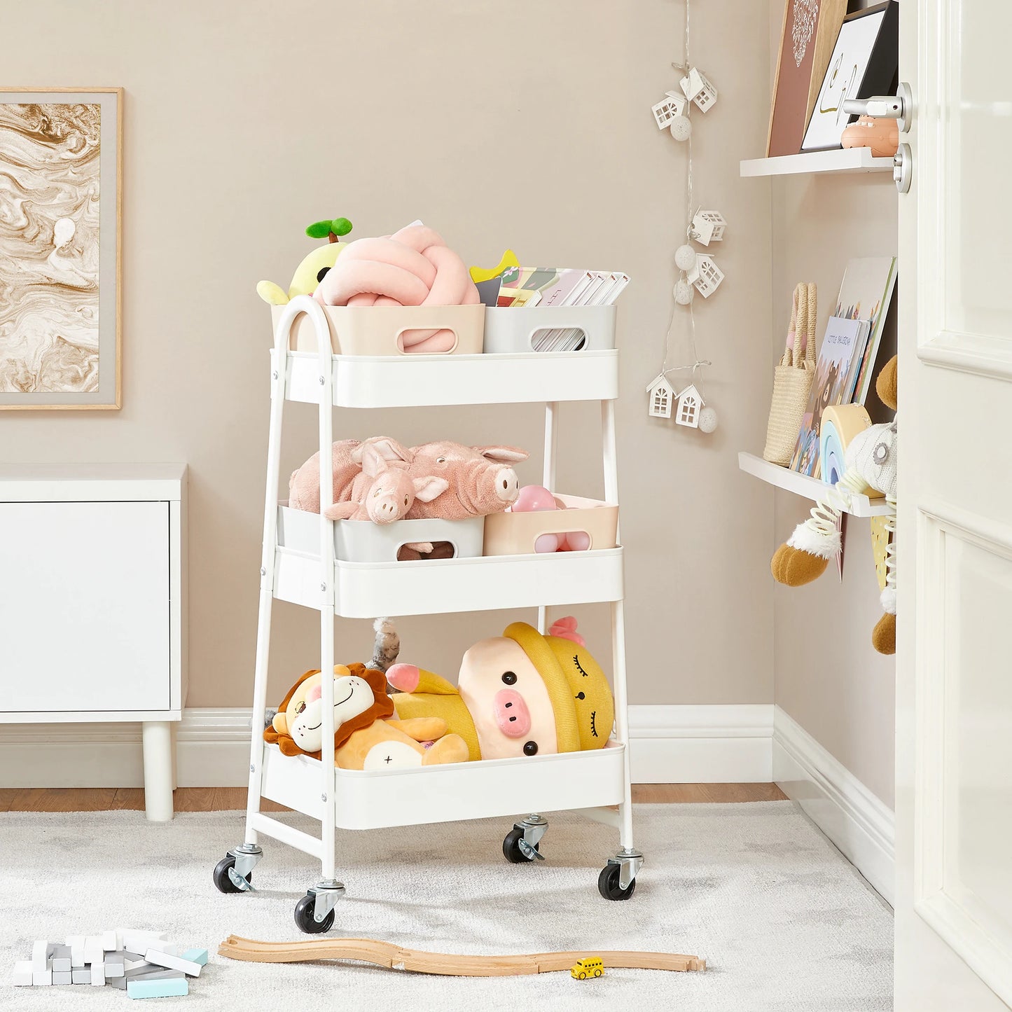 SONGMICS 3-Tier Rolling Utility Cart — Metal Storage Trolley with Wheels, Brakes & Handles for Kitchen or Home Organization