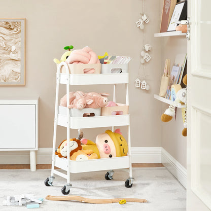 SONGMICS 3-Tier Rolling Utility Cart — Metal Storage Trolley with Wheels, Brakes & Handles for Kitchen or Home Organization