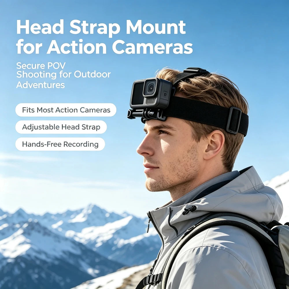 Action Camera Head Strap Mount - Adjustable Headband Holder for GoPro, SJCAM, AKASO, Insta360 and DJI Osmo Action Cameras