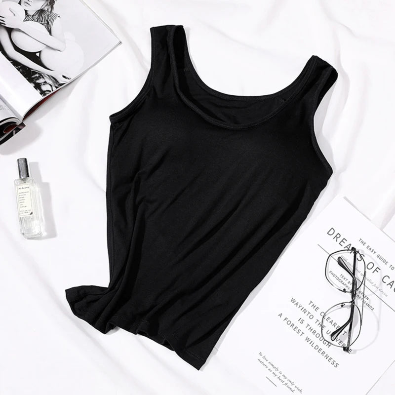 Women’s Built-In Bra Tank Top - Solid Color Padded Slim Fit Vest Shirt for Casual, Sexy & Everyday Wear