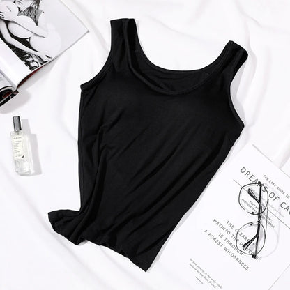 Women’s Built-In Bra Tank Top - Solid Color Padded Slim Fit Vest Shirt for Casual, Sexy & Everyday Wear