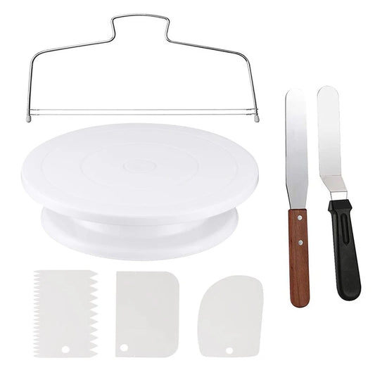 7 Piece Cake Decorating Tools Kit – Includes Plastic Rotating Cake Turntable, Icing Smoother, Spatula, and Cake Leveler