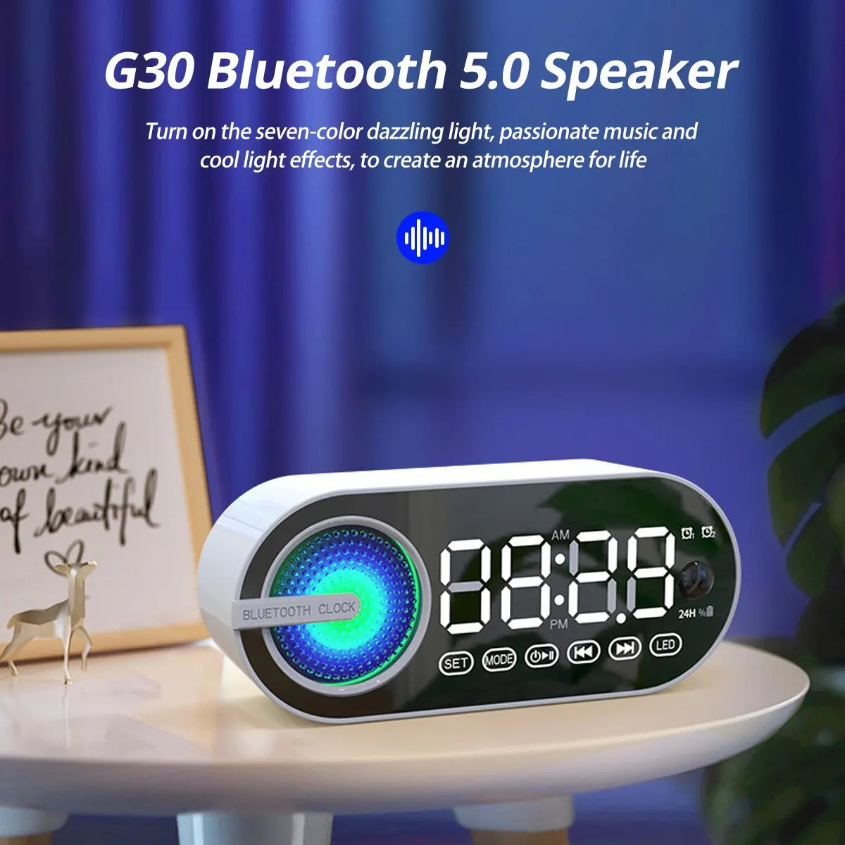 Quiet Wireless Bluetooth Speaker Alarm Clock – RGB TWS LED Mirror Digital Clock with USB, FM, Large Display for Living Room & Office