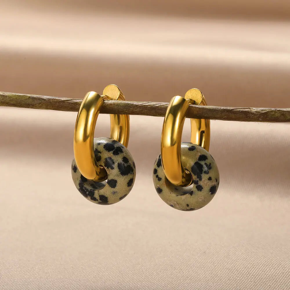 Leopard Bead Opal Stainless Steel Hoop Earrings — Gold Color, Anti-Fading Wedding & Prom Jewelry for Women, Gift Accessory