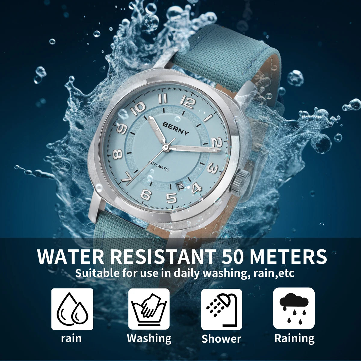 BERNY Women’s Mechanical Watch — Self-Wind Pillow Cushion Design with Sapphire Crystal, Super Luminous Display, Canvas Strap, and Calendar Function
