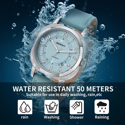 BERNY Women’s Mechanical Watch — Self-Wind Pillow Cushion Design with Sapphire Crystal, Super Luminous Display, Canvas Strap, and Calendar Function