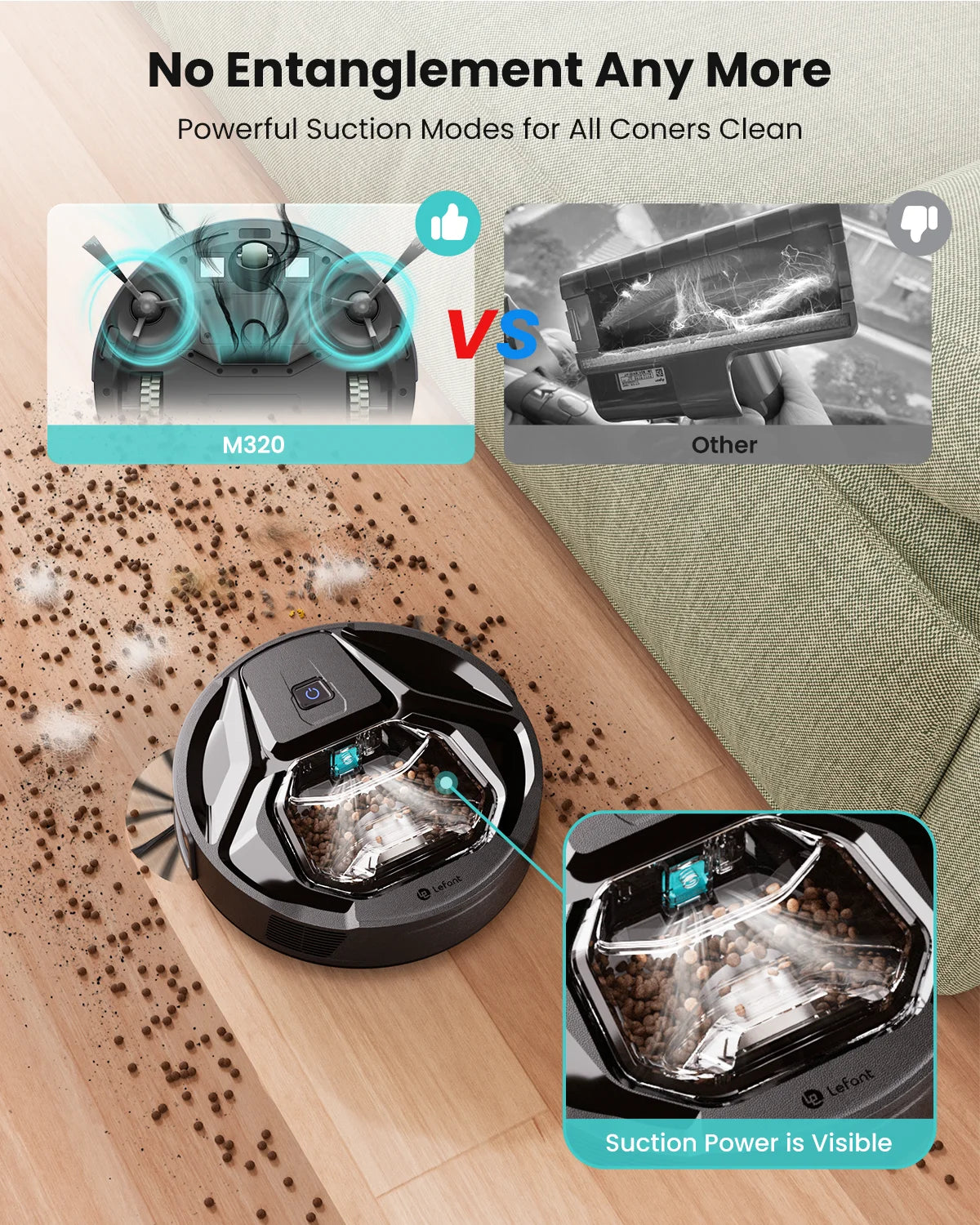 Lefant M320 Robot Vacuum Cleaner with Mop – 6000Pa Suction, 210 Min Runtime, 800ML Dustbin, Carpet Detection