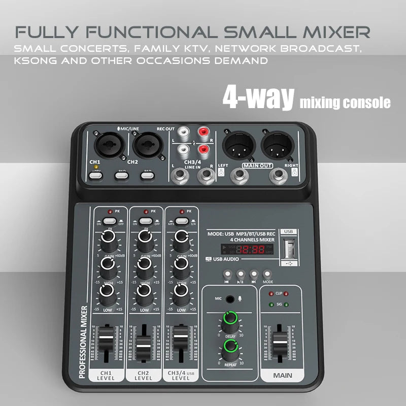 4-Channel Audio Mixer — USB Studio Mixer with 48V Phantom Power & Bluetooth for DJ & Karaoke