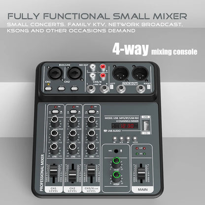 4-Channel Audio Mixer — USB Studio Mixer with 48V Phantom Power & Bluetooth for DJ & Karaoke