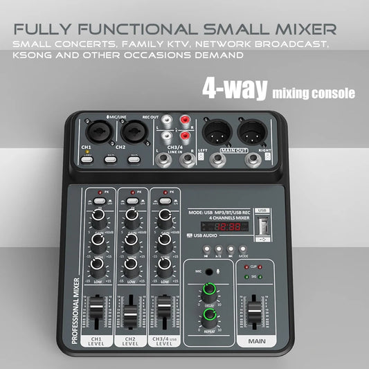 4-Channel Audio Mixer — USB Studio Mixer with 48V Phantom Power & Bluetooth for DJ & Karaoke