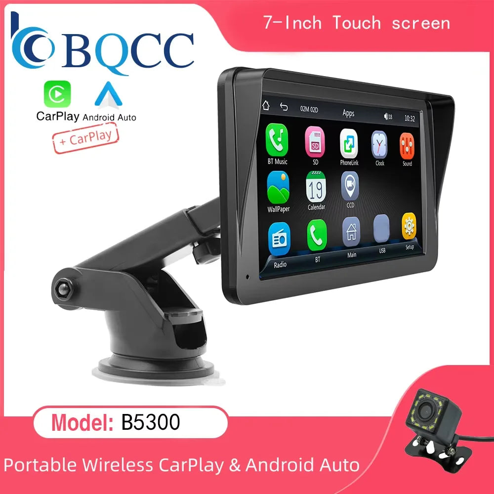 BQCC 7-Inch Car Multimedia Player - Wireless CarPlay & Android Auto Touchscreen with Sun Visor