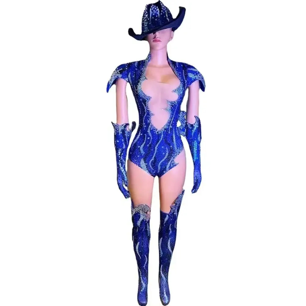 Sparkly Rhinestone Dance Performance Set - Bodysuit, Gloves & Hat Stage Costume