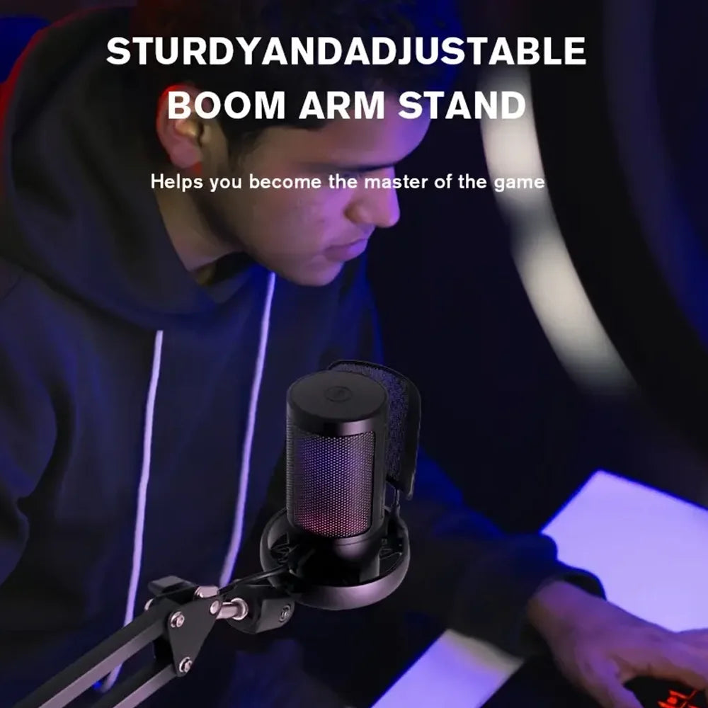 USB RGB Condenser Microphone with Metal Boom Stand – Gaming & Studio Recording Desktop Mic for Esports and Calls