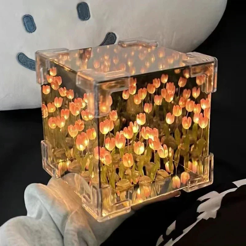 DIY Tulip Flower Sea Cube Night Lamp – 3D Creative Material Kit for Couples