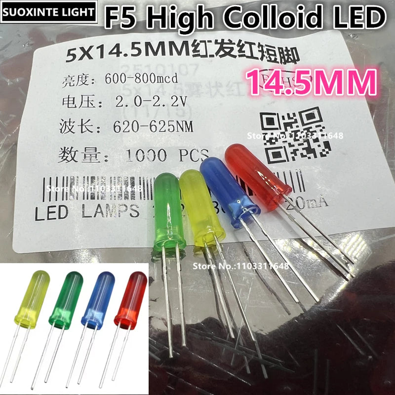 Highlight F5 14.5mm High-Intensity LED - 2-Pin Round Head DIP Light Emitting Diode in Red, True Green, Blue & Yellow