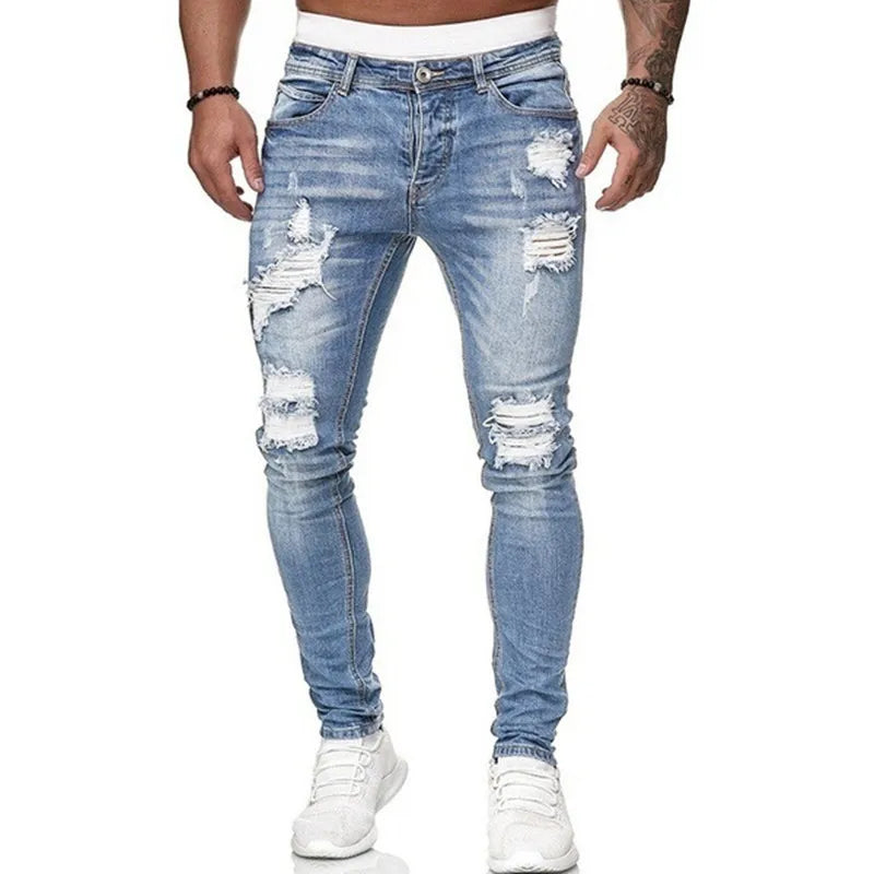 Men’s Ripped Skinny Jeans - Vintage Wash Slim Fit Denim Pants with Street Style Casual Look