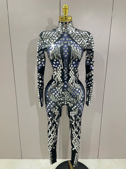 Sexy Shiny Silver Sequin & Black Spandex Jumpsuit — 2025 Women’s Prom, Dancer & Stage Performance Costume