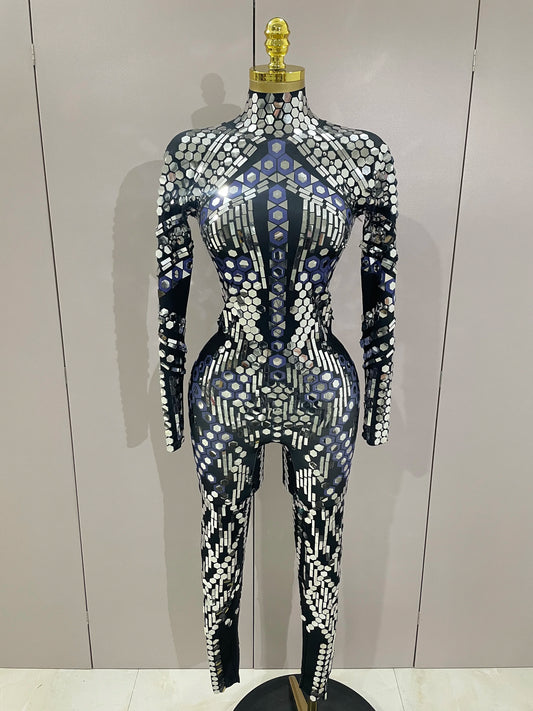 Sexy Shiny Silver Sequin & Black Spandex Jumpsuit — 2025 Women’s Prom, Dancer & Stage Performance Costume