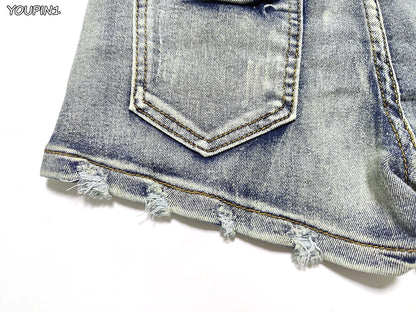 Sexy Low Rise Denim Shorts – Women’s Slim Skinny Rivet Vintage Blue Y2K Jeans for Summer