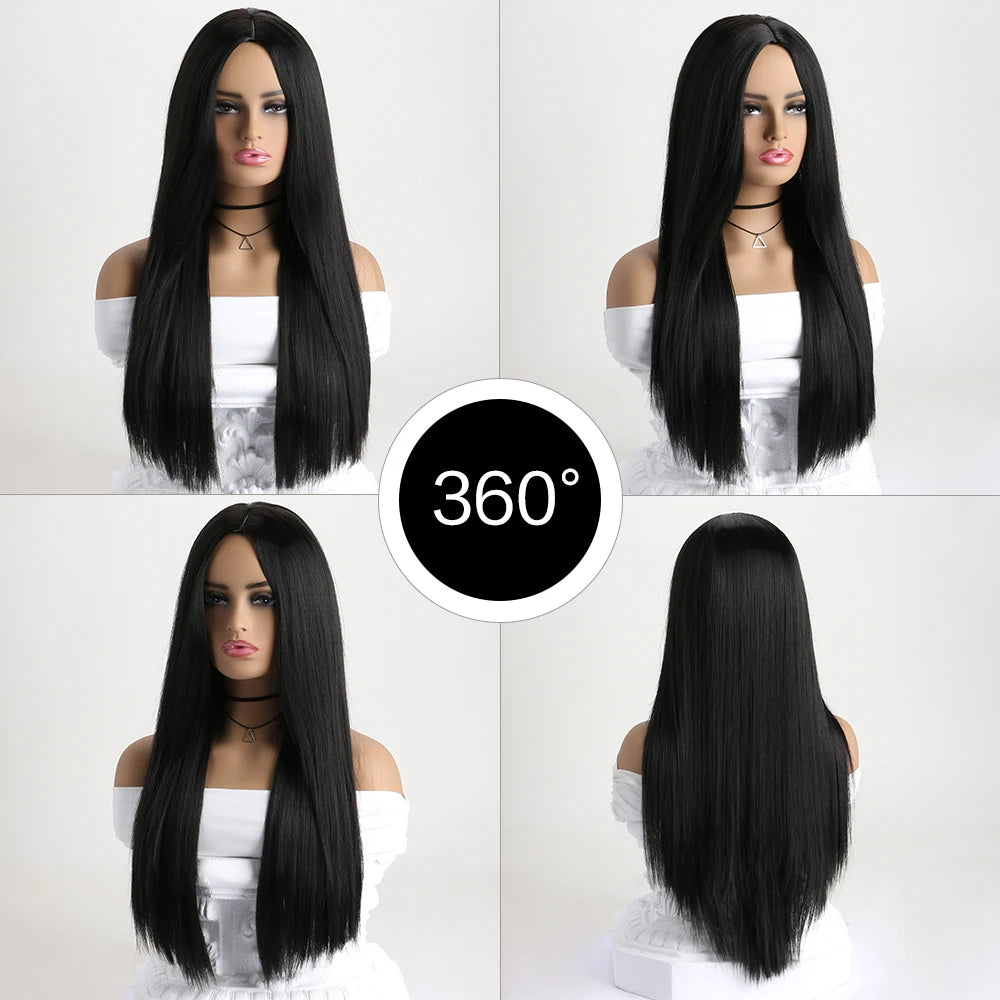 26-Inch Long Straight Wig with Mid Bangs – Black Ombre Heat-Resistant Wig for Women, Daily Wear, Cosplay & Halloween