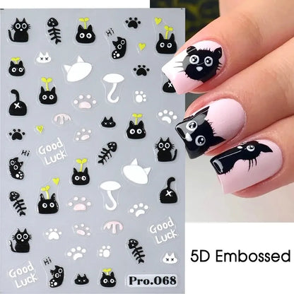 2PCS 3D Black Cat Nail Stickers - Cute Cartoon Self-Adhesive Nail Art Decals for Manicure