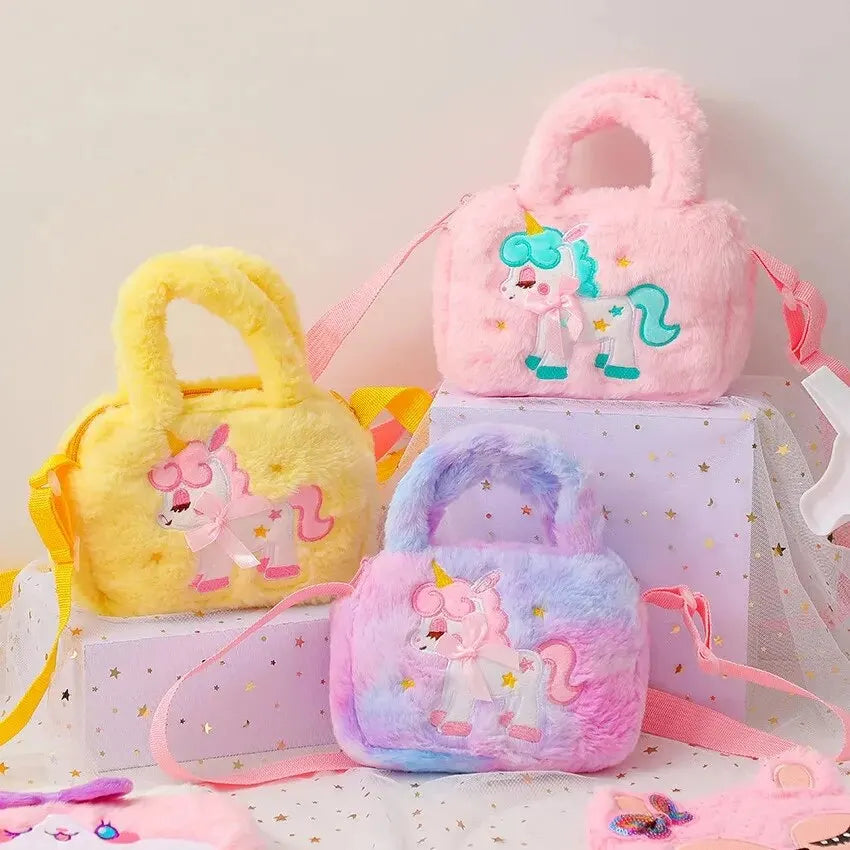 Kids' Embroidery Unicorn Plush Toy Purse – Rainbow Fluffy Crossbody Handbag for Little Girls | Cute Cartoon Furry Shoulder Bag