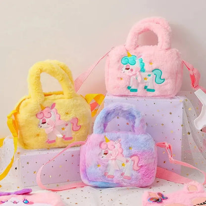 Kids' Embroidery Unicorn Plush Toy Purse – Rainbow Fluffy Crossbody Handbag for Little Girls | Cute Cartoon Furry Shoulder Bag