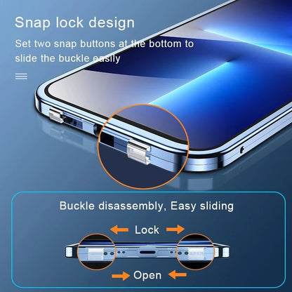 360° Full Protection Magnetic Metal Phone Case - Double-Sided Glass Cover with Lock Buckle for iPhone 11-16 Pro Max