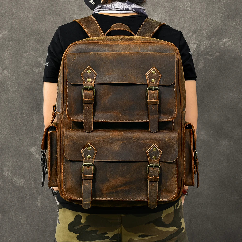 Vintage Crazy Horse Leather Backpack for Men — 17" Laptop Travel Rucksack Cowhide Hiking Bag M815