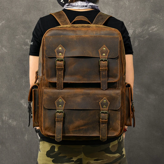 Vintage Crazy Horse Leather Backpack for Men — 17" Laptop Travel Rucksack Cowhide Hiking Bag M815