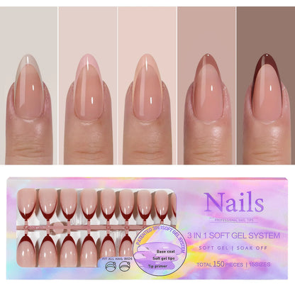 150PCS Press On Fake Nails - 6 Color Multi-Size Almond Acrylic Nails with French Style Removable Design