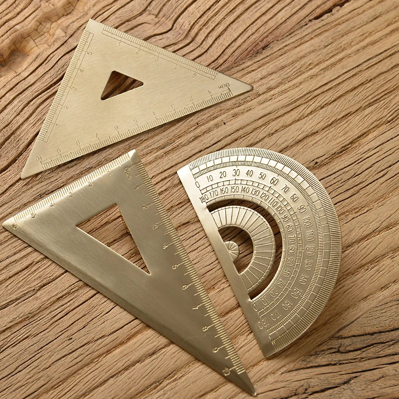 Retro Brass Metal Ruler Set - Centimeter and Inch Straight Rulers, Triangle Ruler, and Protractor for School and Office Use
