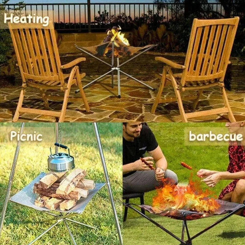 Foldable Stainless Steel Campfire Rack: Outdoor Camping Fire Pit Wood Stove Frame for BBQ, Bonfire in Garden or Backyard
