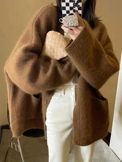 Korean Black V-Neck Knitted Cardigan – Single-Breasted Long Sleeve Loose Casual Women’s Sweater