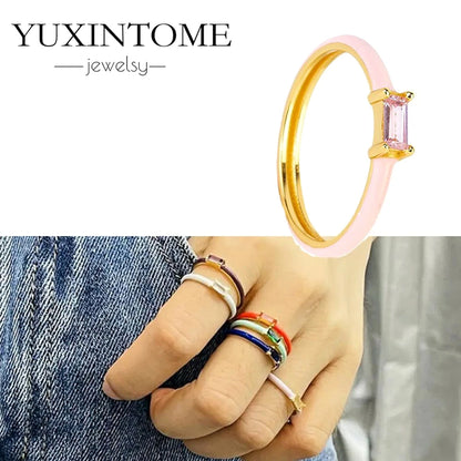 24K Gold-Plated & Silver Enamel Ring – Slim Round Women's Luxury Zircon CZ Ring in Green, Purple, Pink for Wedding & Anniversary