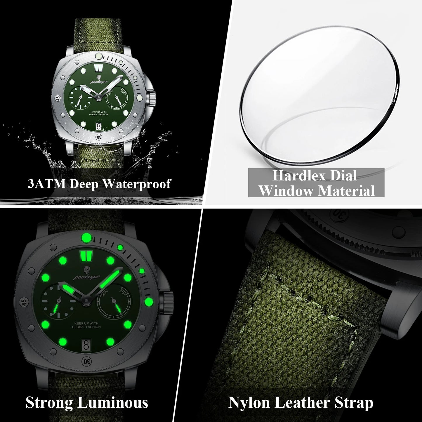 POEDAGAR Men’s Military Watch – Waterproof Luminous Quartz Watch with Date, Nylon & Leather Strap, Fashionable Men’s Timepiece