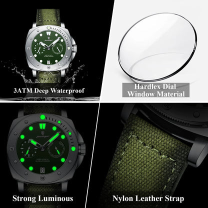 POEDAGAR Men’s Military Watch – Waterproof Luminous Quartz Watch with Date, Nylon & Leather Strap, Fashionable Men’s Timepiece