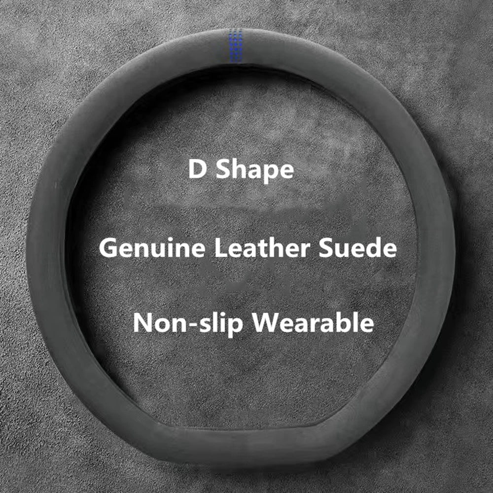 Universal 37–38cm Cowhide Suede Steering Wheel Cover, Breathable Anti-Slip Car Steering Wheel Wrap Accessory