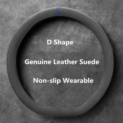 Universal 37–38cm Cowhide Suede Steering Wheel Cover, Breathable Anti-Slip Car Steering Wheel Wrap Accessory
