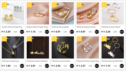 Custom Fishhook Double Name Finger Ring - Personalized Family & Couple Love Gift for Women & Men, Gold Stainless Steel Jewelry