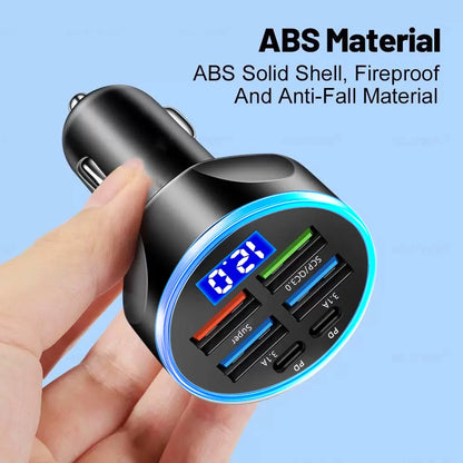 66-250W PD Car Charger – QC3.0 Fast Charge, 1-to-6 Cigarette Lighter Plug with Digital Display