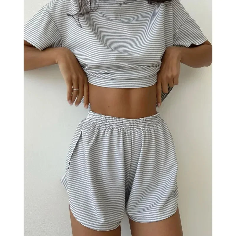 Women's Stripe 2-Piece Pajamas Set – Short Sleeve Top & Shorts Casual Sleepwear