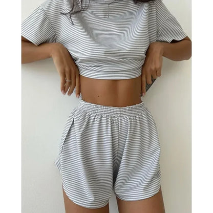 Women's Stripe 2-Piece Pajamas Set – Short Sleeve Top & Shorts Casual Sleepwear