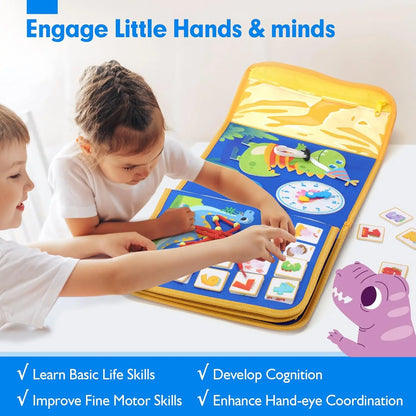 Montessori Toddler Busy Board – Dinosaur Dress-Up Sensory Toy for Learning Life Skills & Travel Backpack