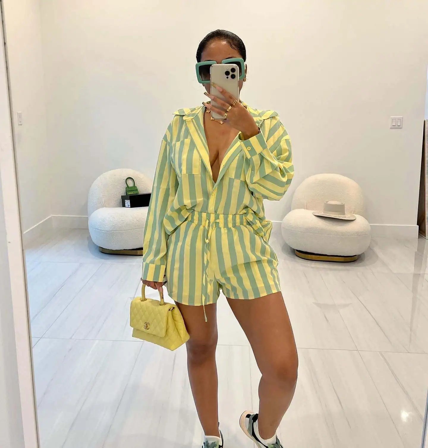 2025 Women’s Casual Striped Shorts & Long Sleeve Shirt Set – Spring Summer Office & Vacation Outfit