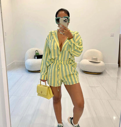 2025 Women’s Casual Striped Shorts & Long Sleeve Shirt Set – Spring Summer Office & Vacation Outfit