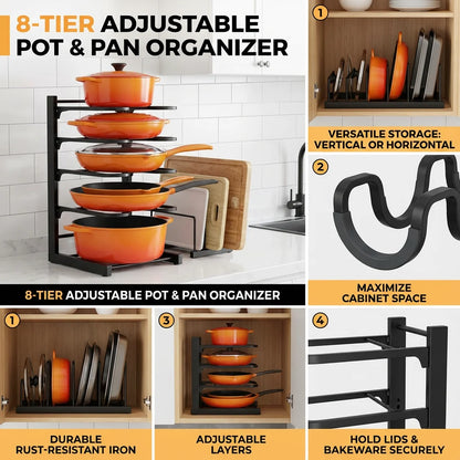 8-Tier Pot Rack Organizer - Space-Saving Metal Holder for Pots, Pans & Lids Kitchen Storage