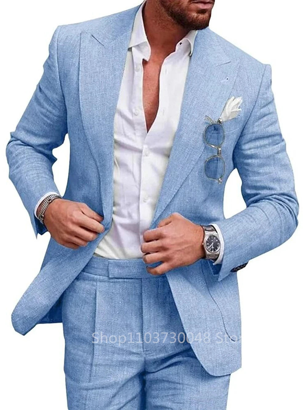 Men’s Linen Wedding Suit — Light Blue/Beige Casual Slim Fit Blazer & Pants, High-Quality Summer Two-Piece Set
