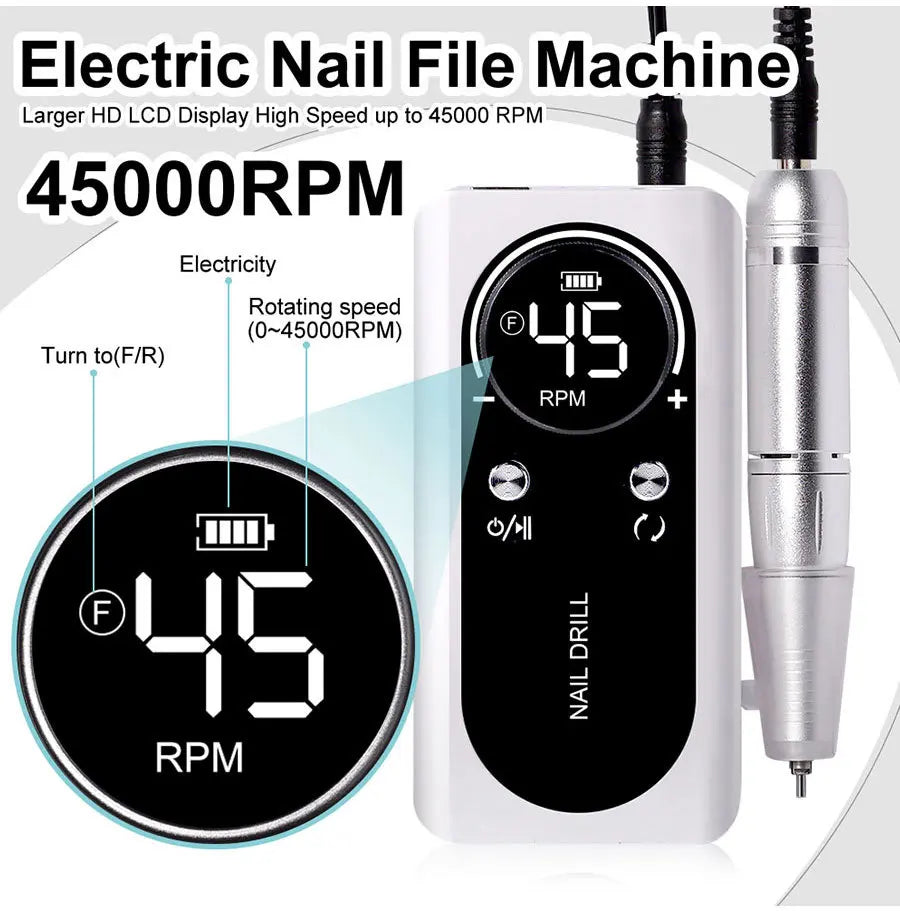 Effortless Precision: Original 45000RPM Rechargeable Nail Drill Machine with LCD - Low Noise Professional Nail Polish Sander, Complete Nails Accessories Set